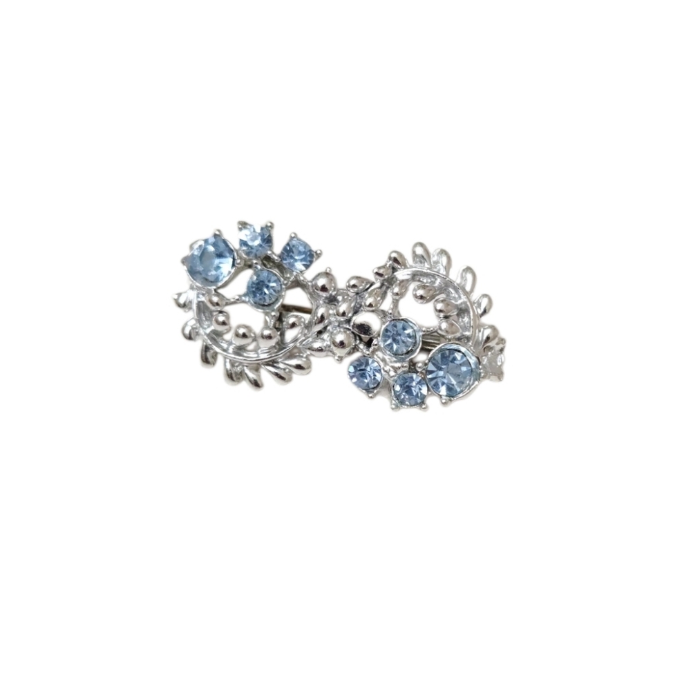 Vintage Elegant Silver and Blue‎ Double Flower Floral Womens Rhinestone Brooch